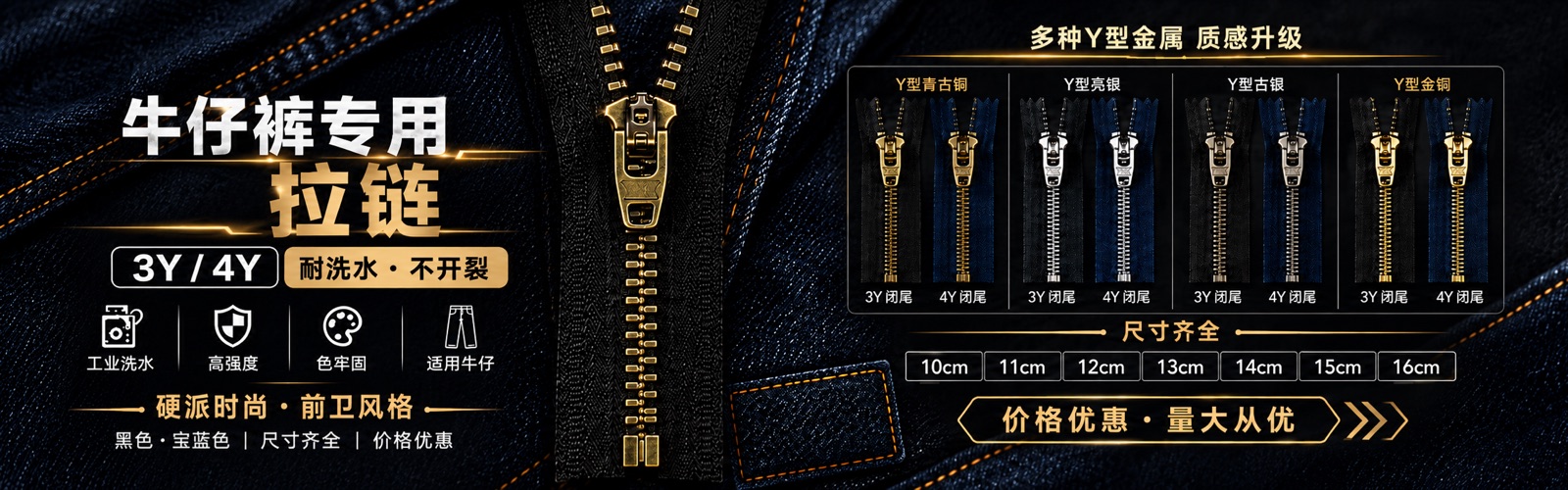 牛仔裤专用拉链 3Y / 4Y：耐洗水不开裂，多种 Y 型金属，10–16cm 尺寸齐全